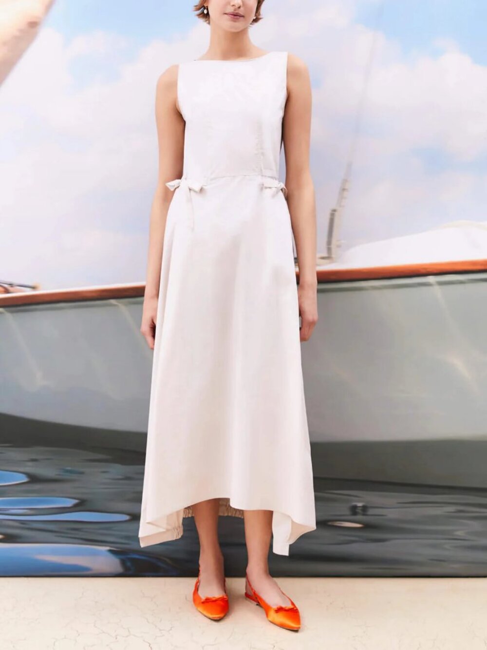 Flared Poplin Midi Dress Large Light Beige Beatrice B Italian Minimalist Luxury